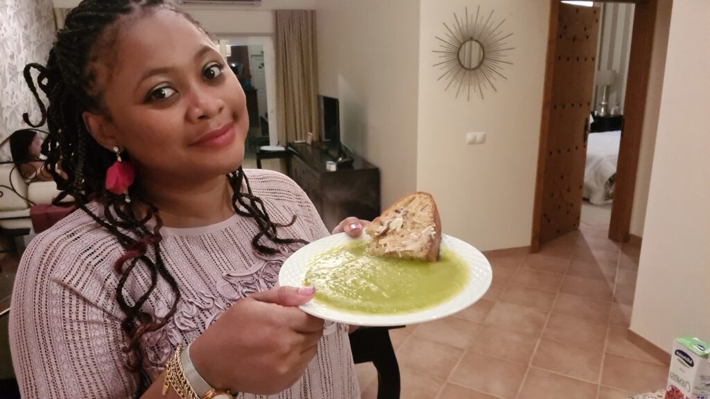 Oby with her plate of soup and bread